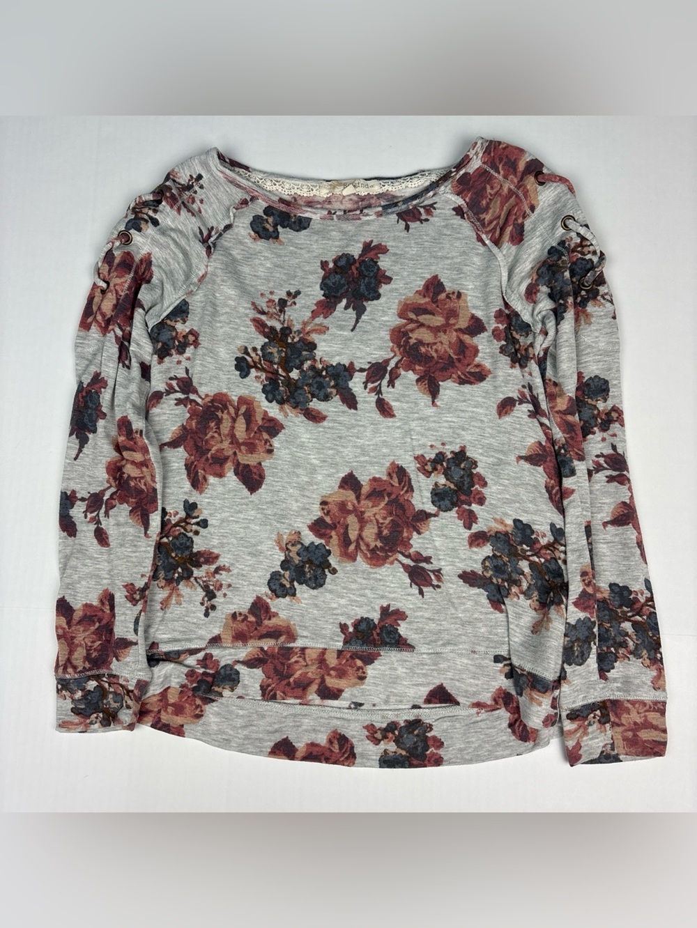 Rewind Women XS Shirt Floral Roses Girly Cold Lace Up Shoulder Rayon Spandex